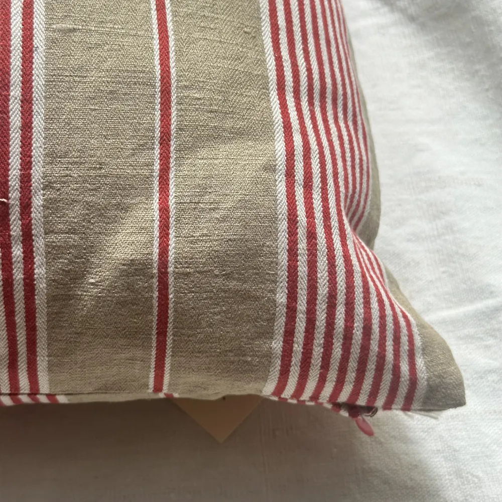 19th Century French Beige, Red & White Ticking Pillow (#123)