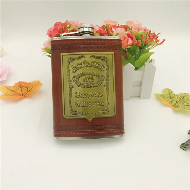 2018 Hot sales bpa free 9oz JD whisky liquor flagon Stainless steel 304  alcohol vodka Jack hip flask with pu leather wrap