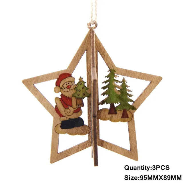 3PCS Multi Style Christmas Wooden Pendants Ornaments Wood Craft For Xmas Tree Ornament DIY Gift Christmas Party Decorations