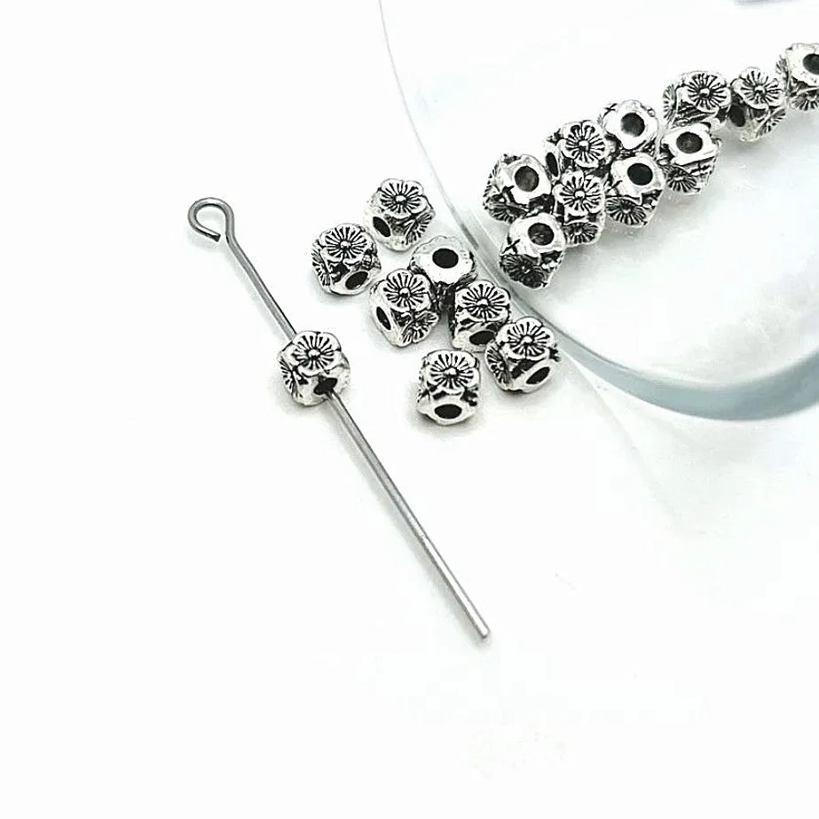 4, 20 or 50 Pieces: Antique Silver Square Flower Spacer Beads, 5x5mm - Double Sided