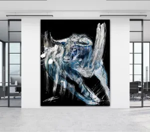 Alexander the bull painting/ painted by Confetti Artist, passionnate bull painting, Blue, black background