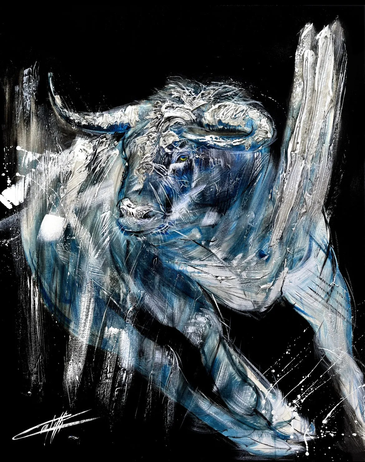 Alexander the bull painting/ painted by Confetti Artist, passionnate bull painting, Blue, black background