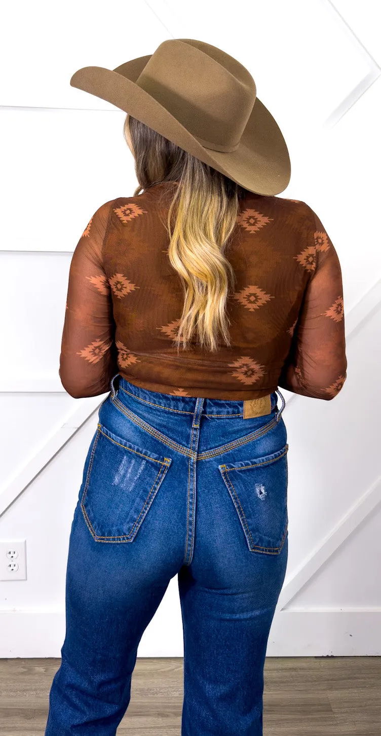 Aztec Mesh Top, Brown