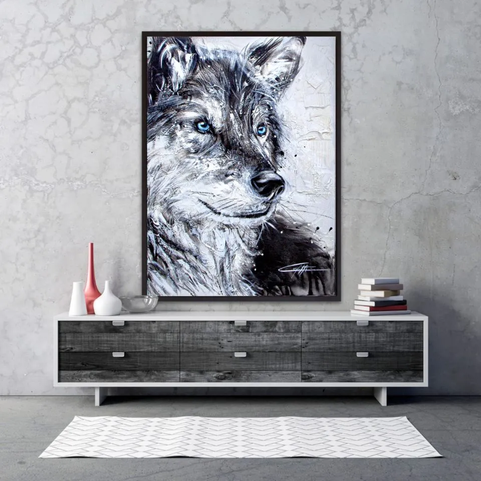 Bastian the wolf / painted by confetti artist, passionnate wolf painting, white and black