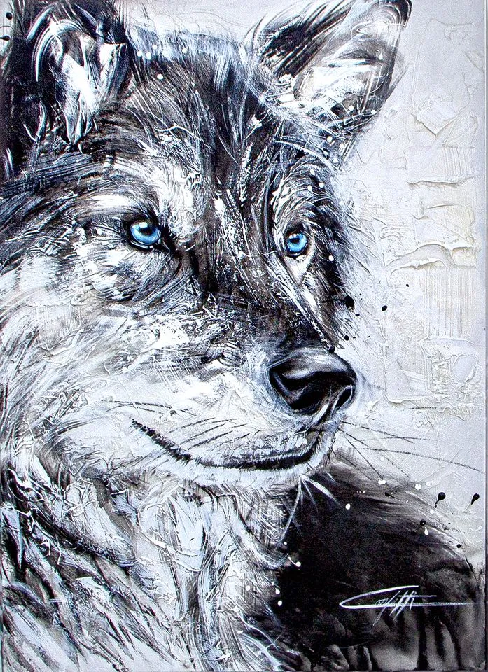 Bastian the wolf / painted by confetti artist, passionnate wolf painting, white and black