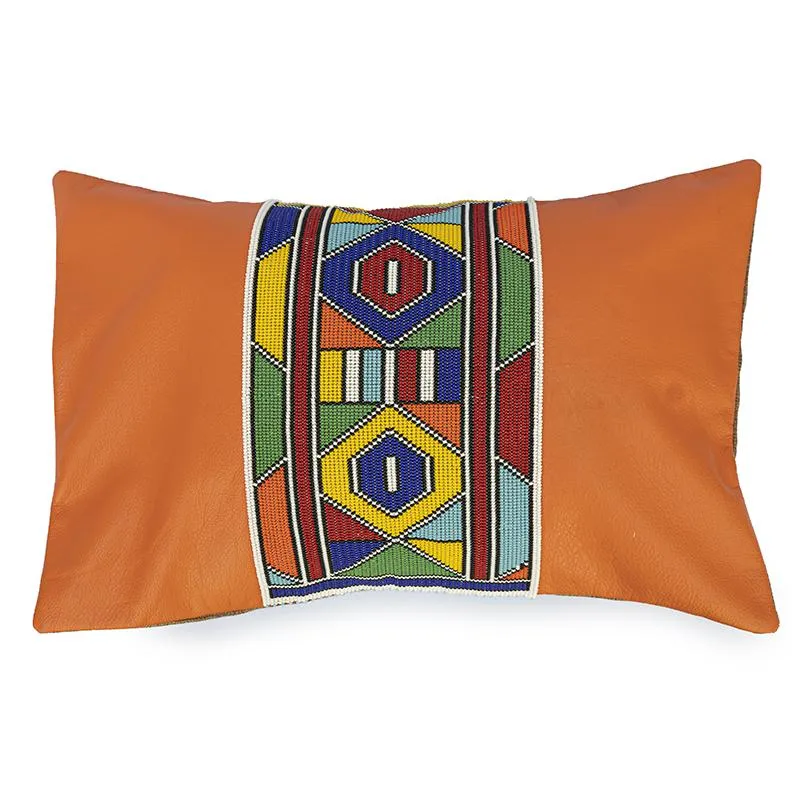 Beaded Leather Pillow Cover - Orange Lumbar