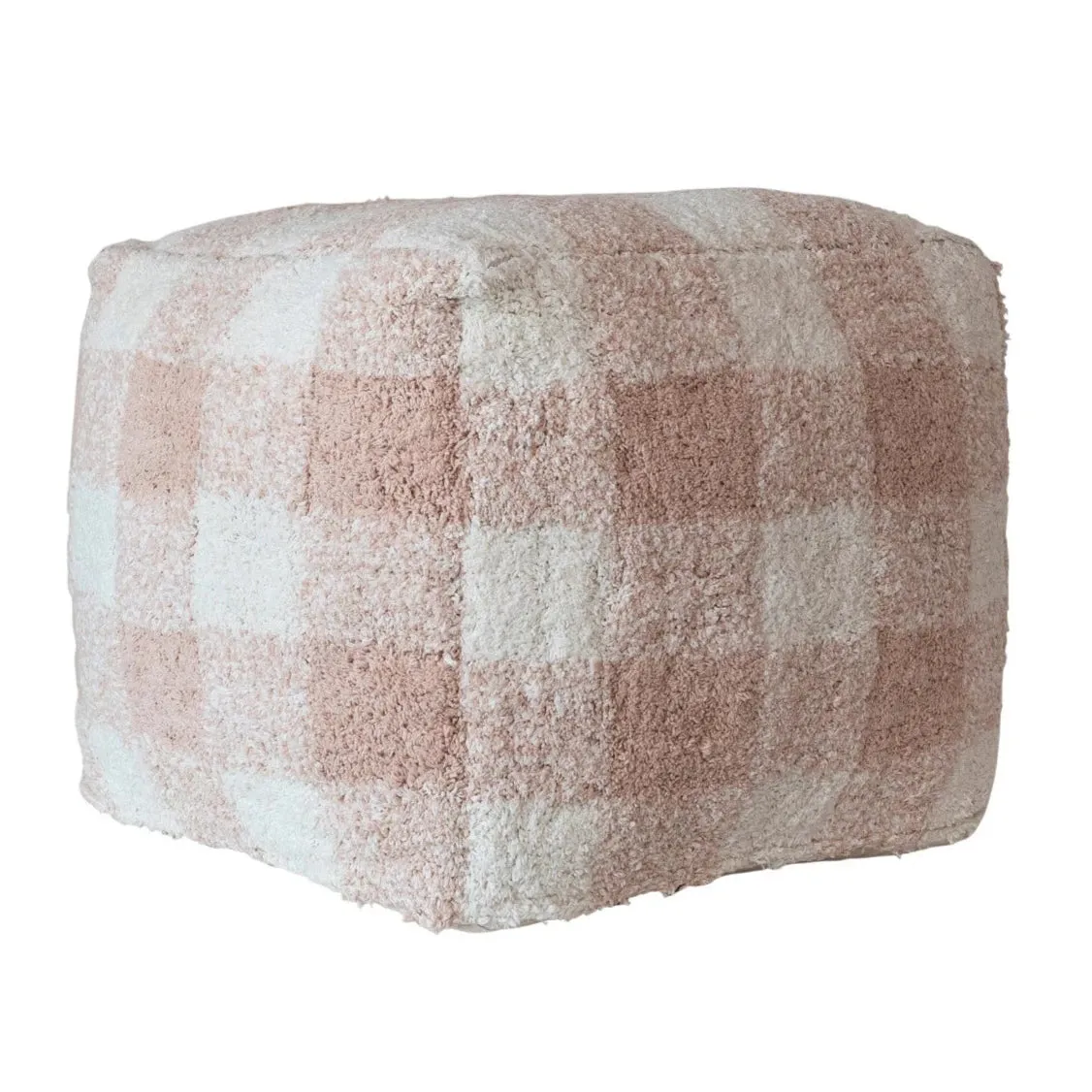 Cotton Tufted Pink Plaid Pouf