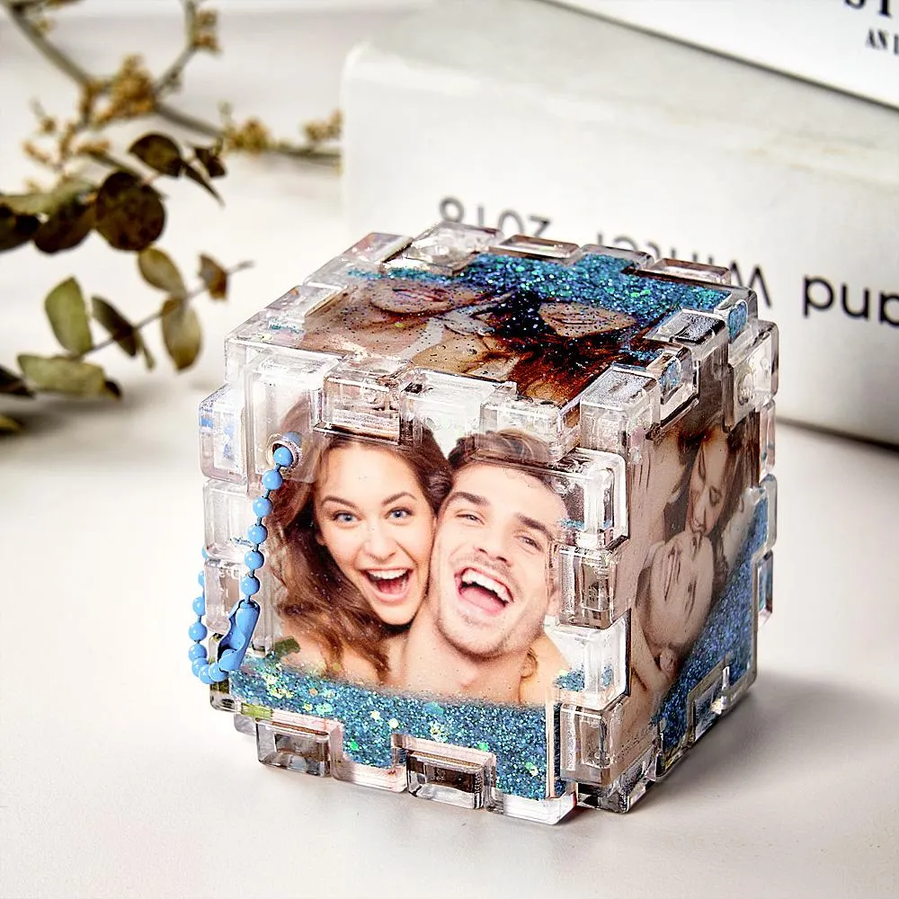 Custom Photo Quicksand Rubik's Cube Keychain Personalized Photos Keychain Funny Gift