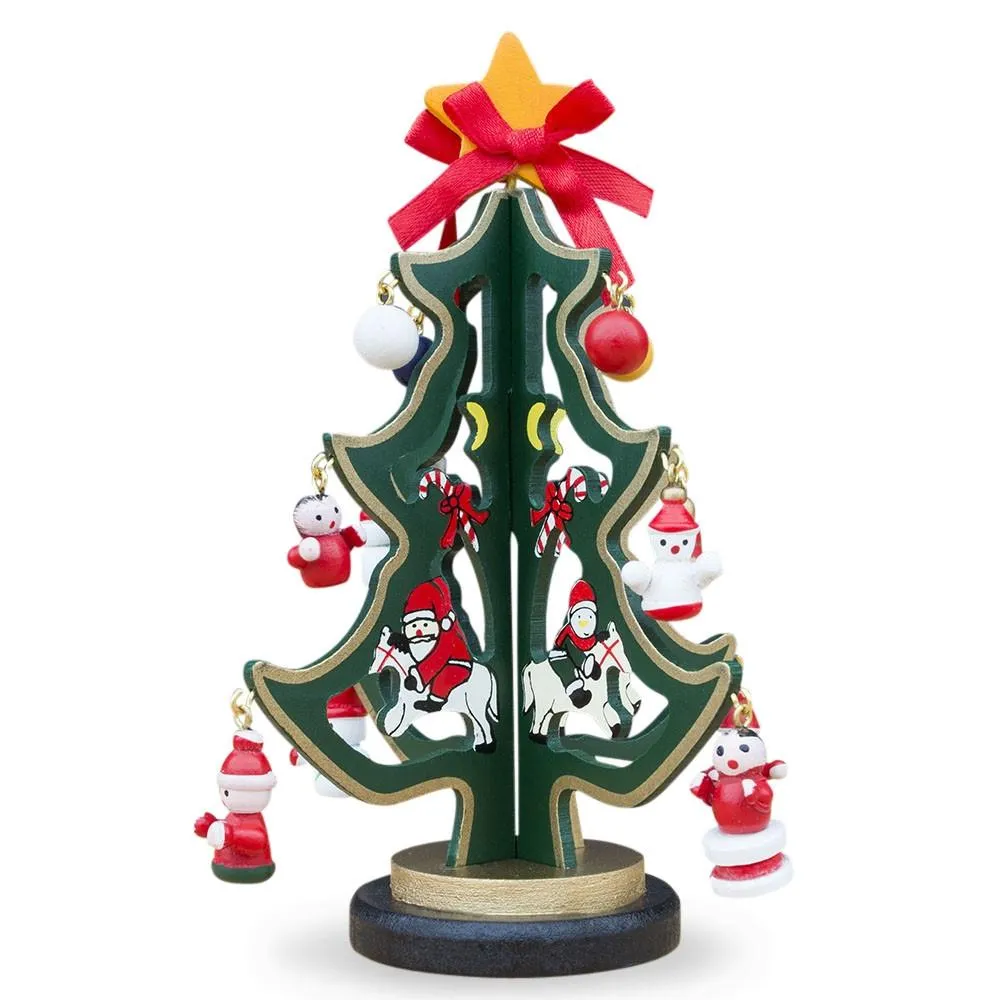 Delightful Wooden Tabletop Christmas Tree With Santa And Miniature Ornaments 6.5 Inches Tall