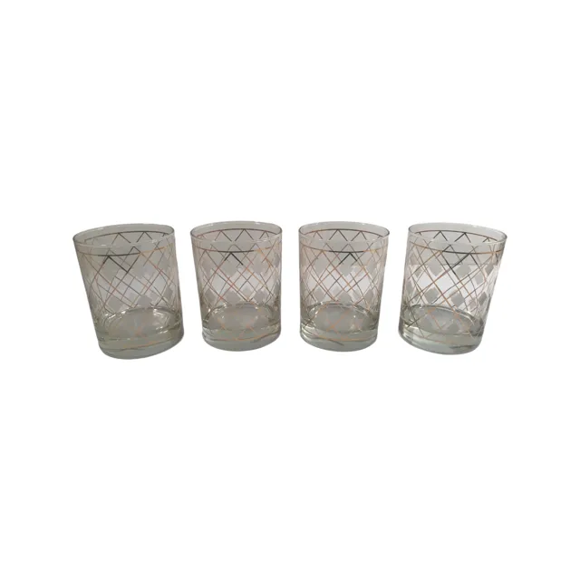 Georges Briard Signed Gold and Frosted Diamonds Double Old Fashion Glasses (Set of 4)