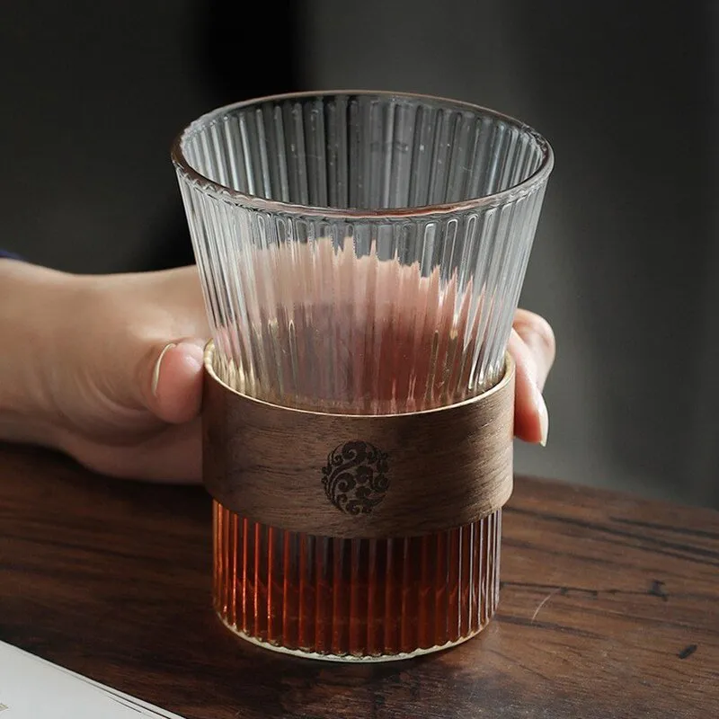 Japanese Style Glass Coffee Cups with Walnut Sleeve