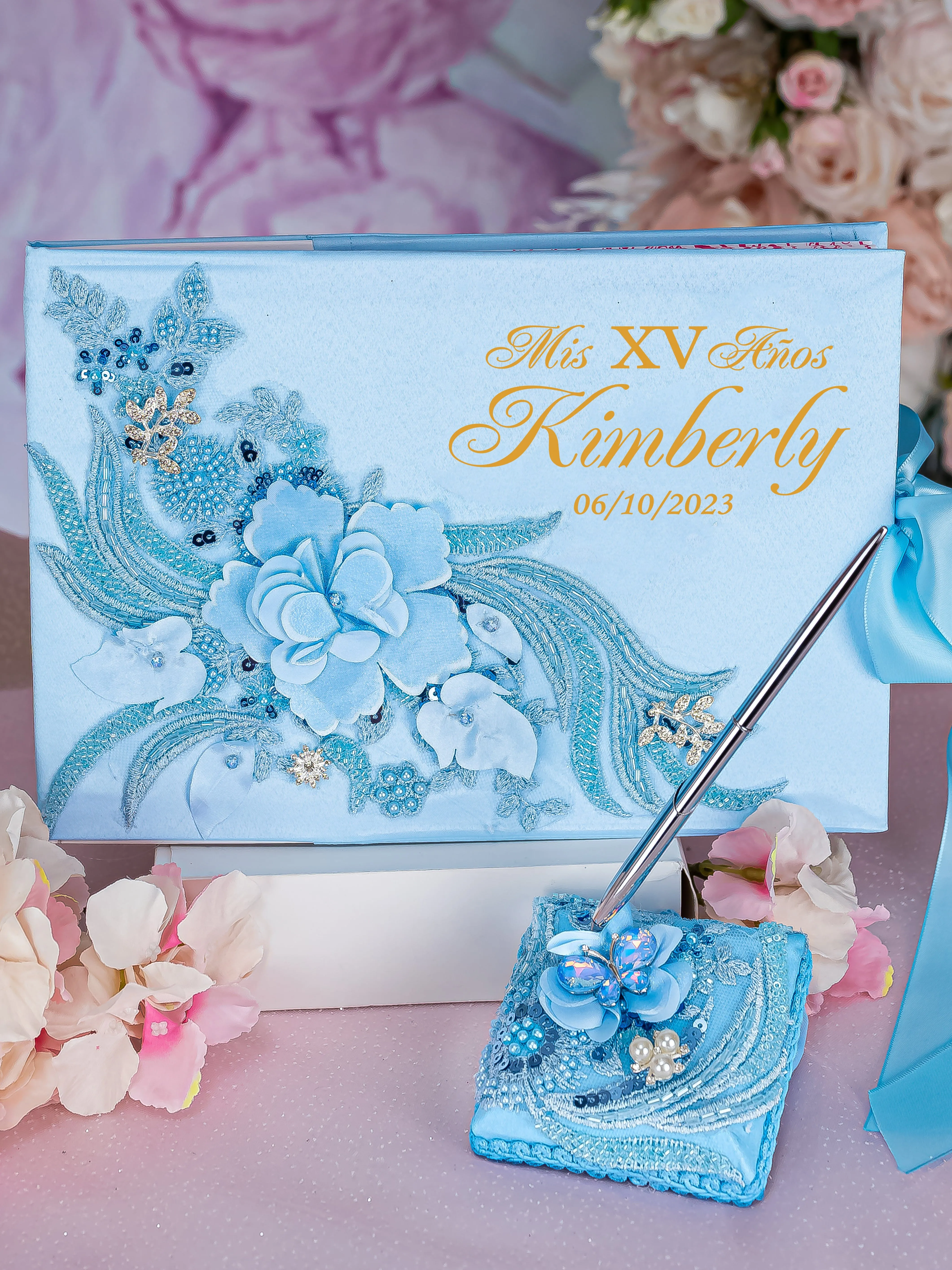 Light Blue with gold album de fotos para Quinceanera