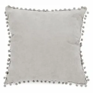 LIGHT GREY THROW PILLOW WITH POM POMS