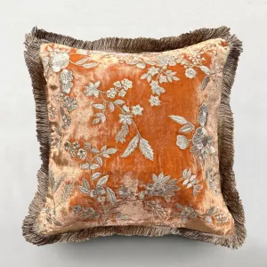 Liza Silk Velvet Embroidered Cushion in Tangerine with Beige Fringe