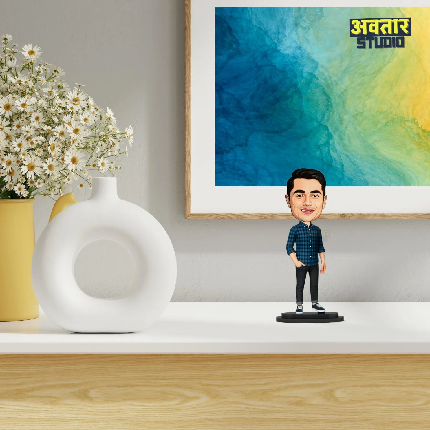 MakerTech Gifting Avatar Studio Personalized Gift For Friends, Brother, Bff, Boyfriend, Father Character Caricature Photo Frame Unique Design Customized Gift For Friends & Family (Man In Blue Shirt)