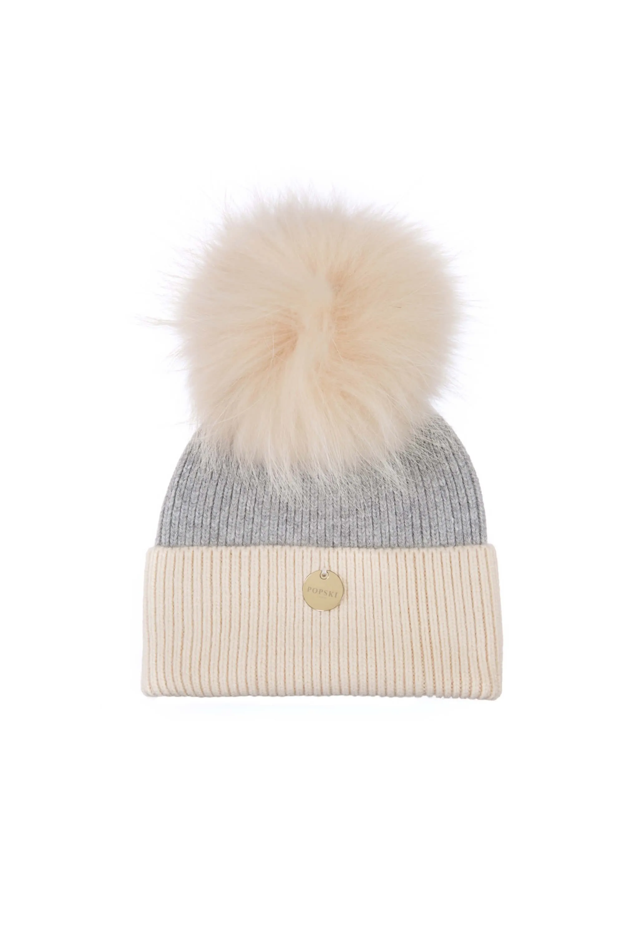 Mini Angora Beige and Whisper Grey Pom Pom Hat