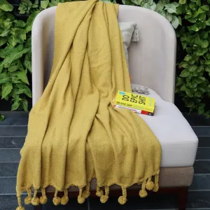 Mustard Handwoven Cotton Throw with fringe 50" x 60" (127 x 172 cm)