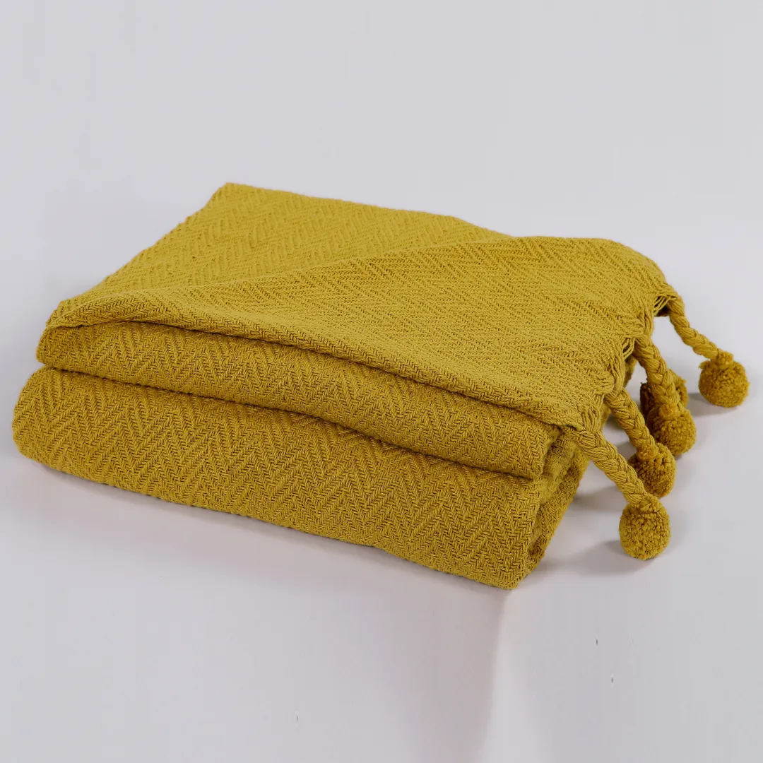 Mustard Handwoven Cotton Throw with fringe 50" x 60" (127 x 172 cm)