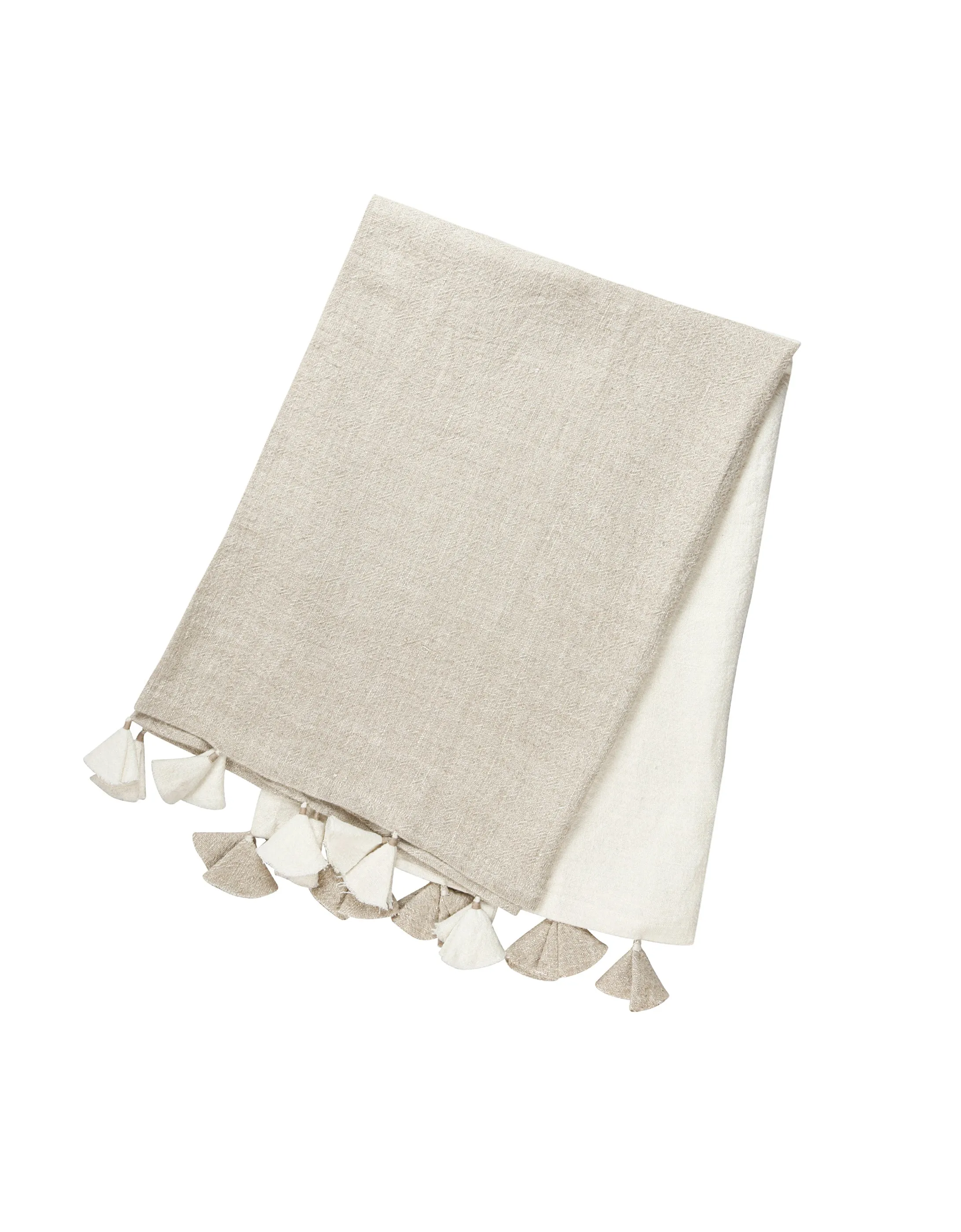 Natural Beige Colorblocked Linen Blanket with Tassels