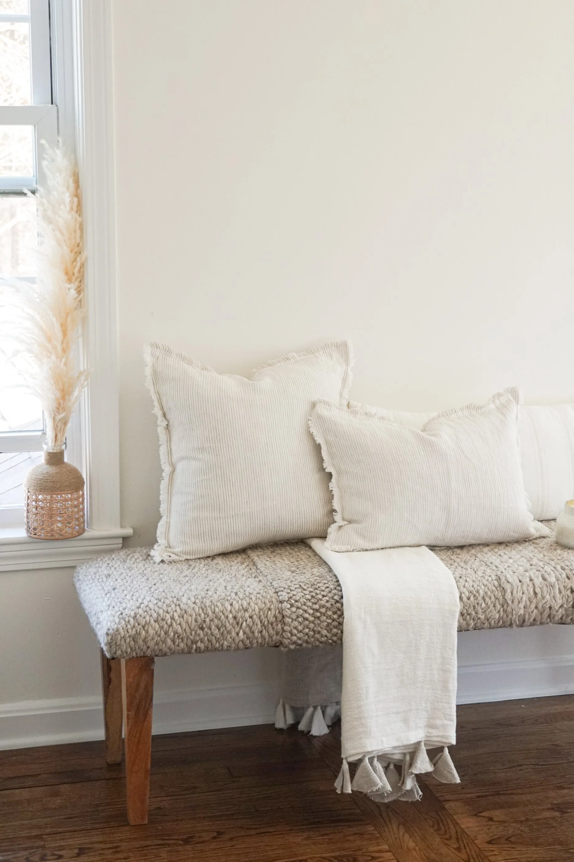 Natural Beige Colorblocked Linen Blanket with Tassels