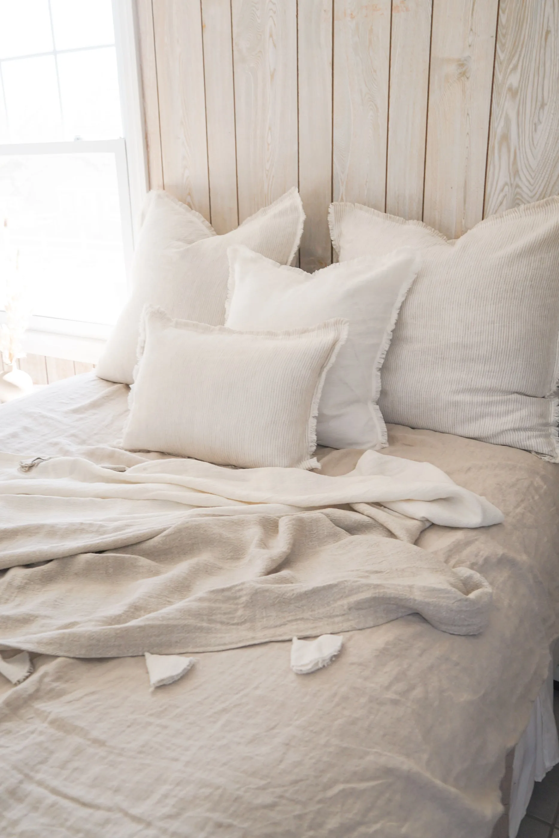 Natural Beige Colorblocked Linen Blanket with Tassels