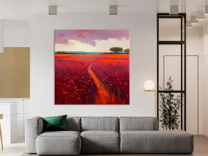 Original Hand Painted Wall Art, Landscape Paintings for Living Room, Abstract Canvas Painting, Abstract Landscape Art, Red Poppy Field Painting