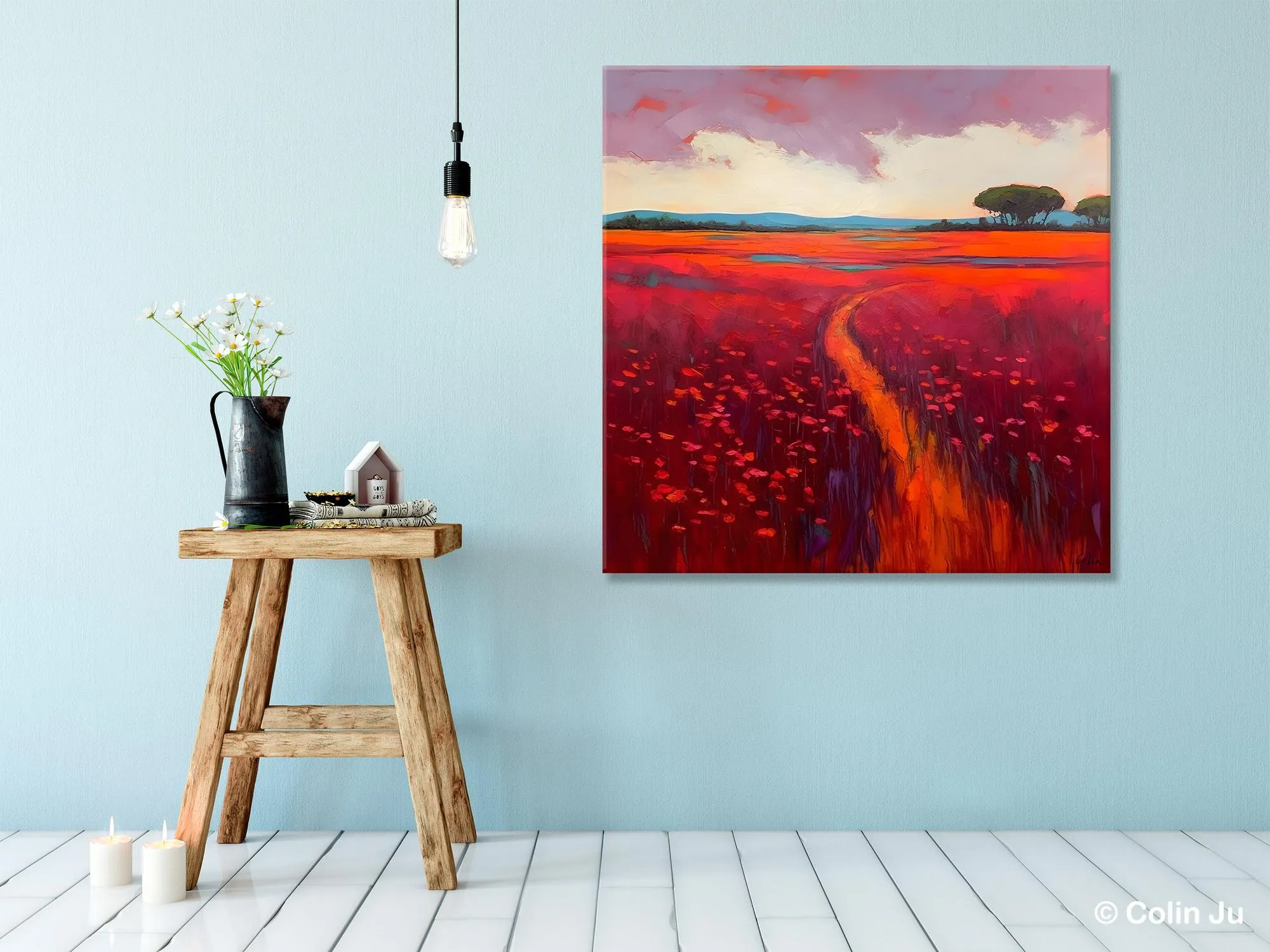 Original Hand Painted Wall Art, Landscape Paintings for Living Room, Abstract Canvas Painting, Abstract Landscape Art, Red Poppy Field Painting