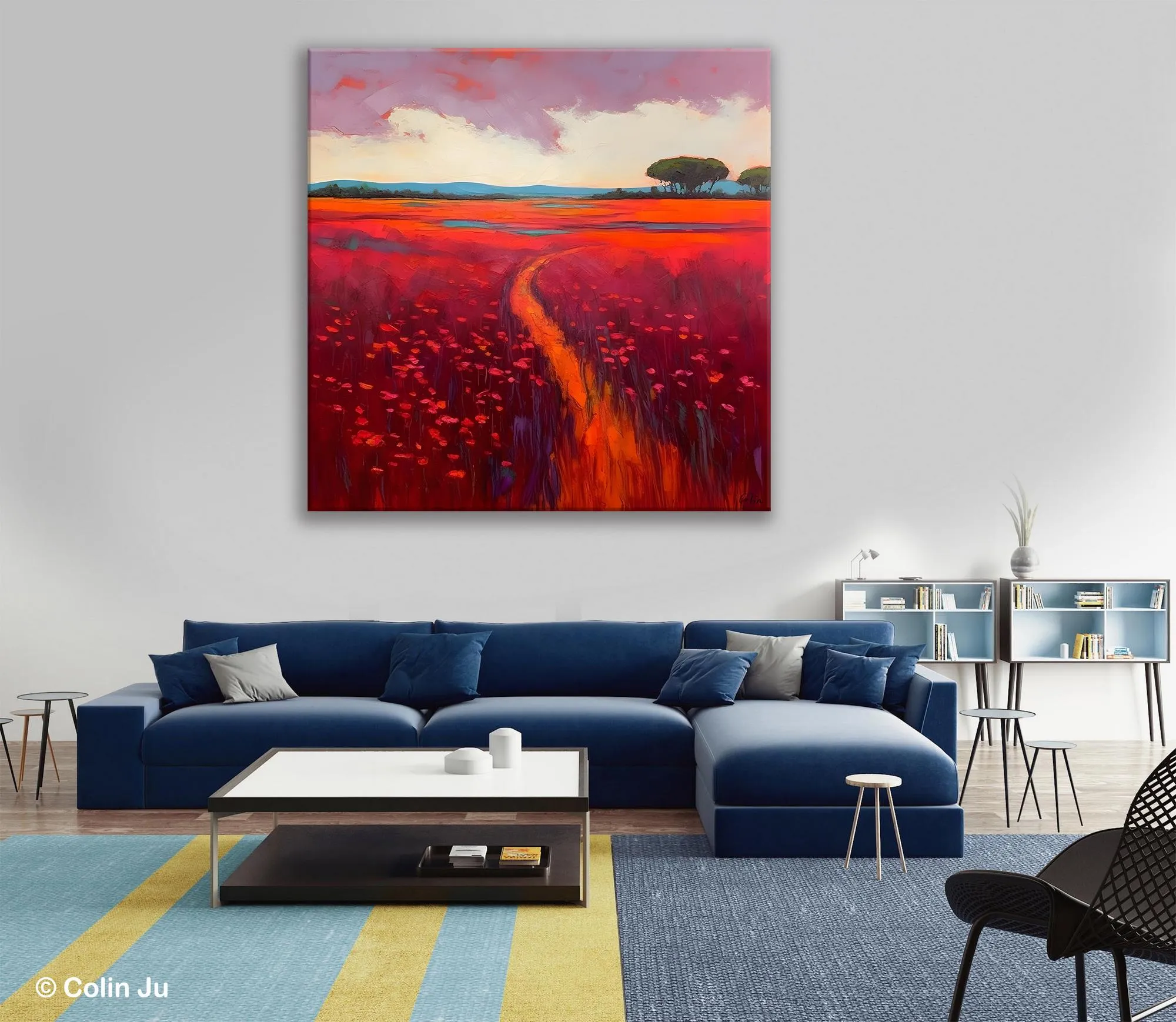 Original Hand Painted Wall Art, Landscape Paintings for Living Room, Abstract Canvas Painting, Abstract Landscape Art, Red Poppy Field Painting