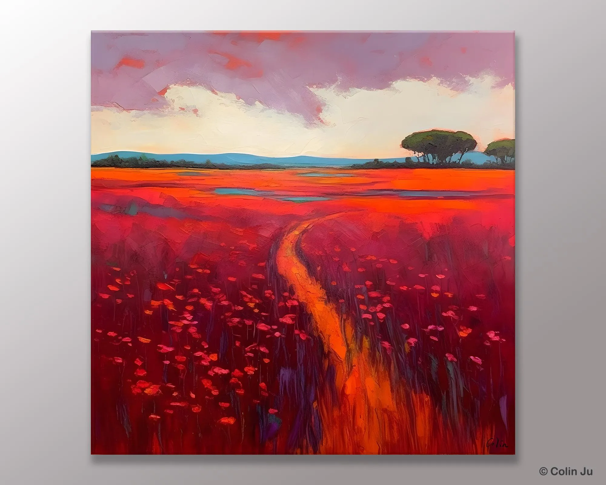 Original Hand Painted Wall Art, Landscape Paintings for Living Room, Abstract Canvas Painting, Abstract Landscape Art, Red Poppy Field Painting