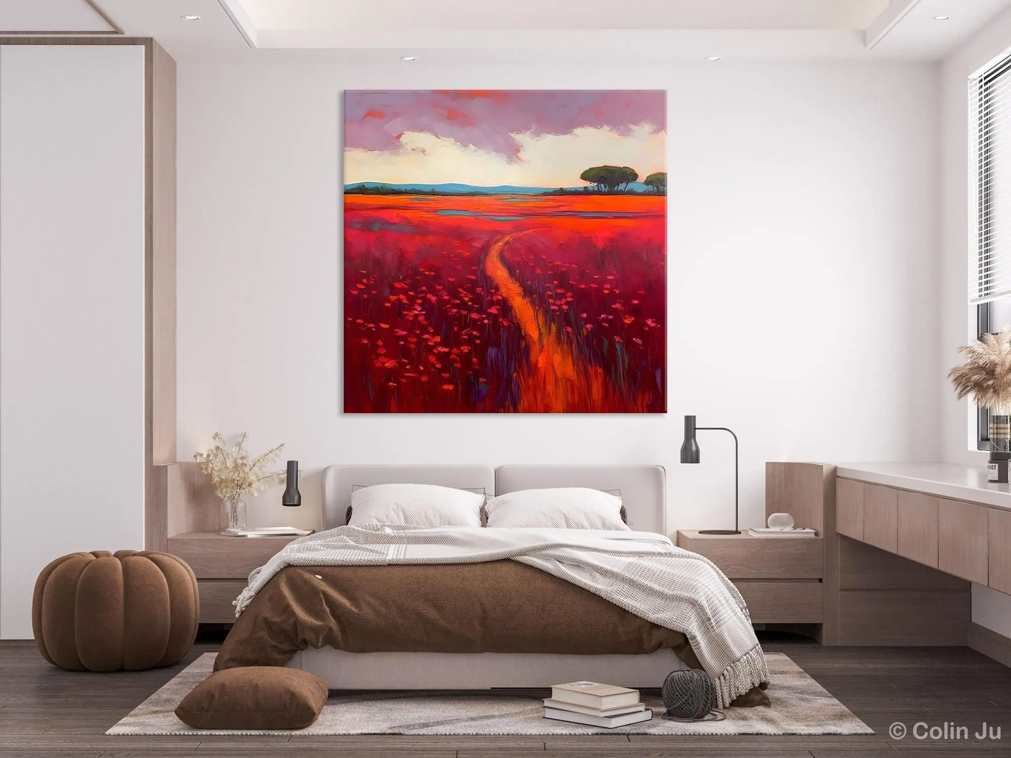 Original Hand Painted Wall Art, Landscape Paintings for Living Room, Abstract Canvas Painting, Abstract Landscape Art, Red Poppy Field Painting