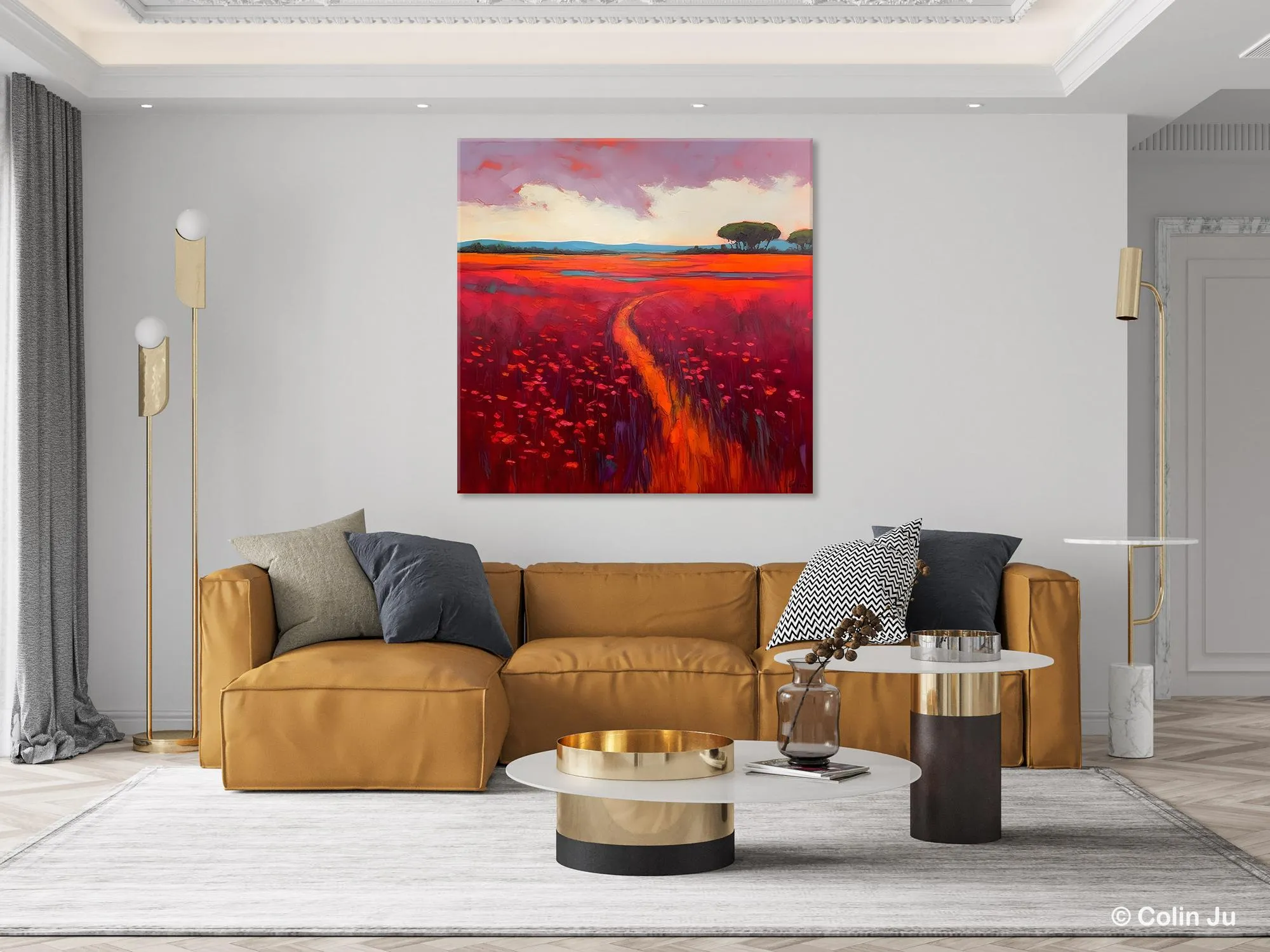 Original Hand Painted Wall Art, Landscape Paintings for Living Room, Abstract Canvas Painting, Abstract Landscape Art, Red Poppy Field Painting