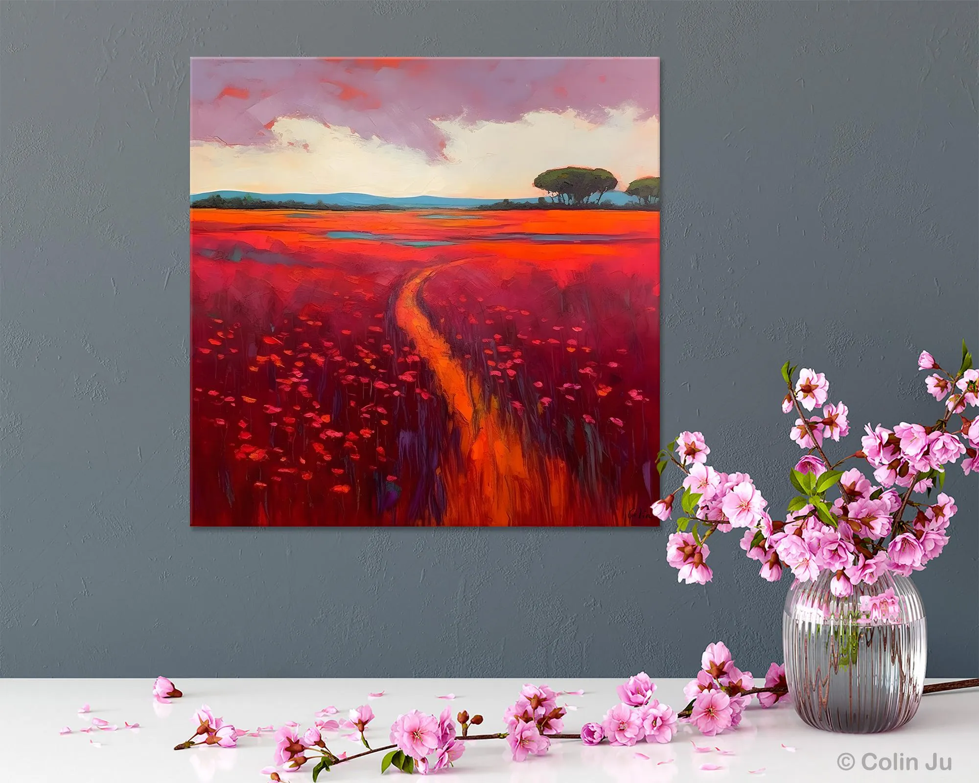 Original Hand Painted Wall Art, Landscape Paintings for Living Room, Abstract Canvas Painting, Abstract Landscape Art, Red Poppy Field Painting