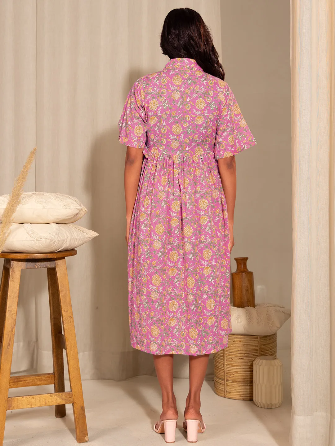 Pink Cotton Floral Wrap Maternity Dress