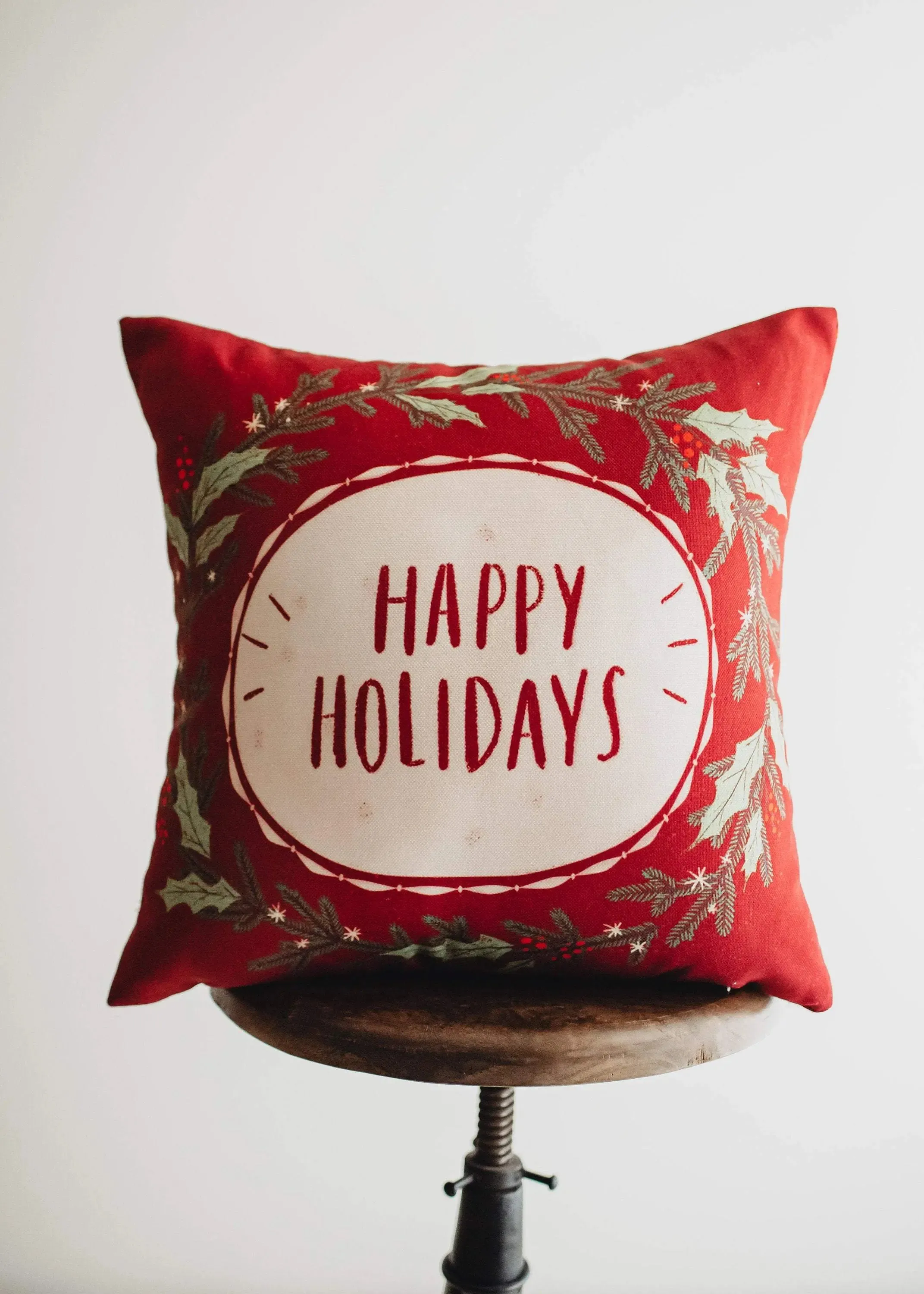 Red Happy Holiday Wreath Throw Pillow Cover | Rustic Christmas Decor | Christmas Gift | Home Decor Christmas | Decorative Pillows for Couch