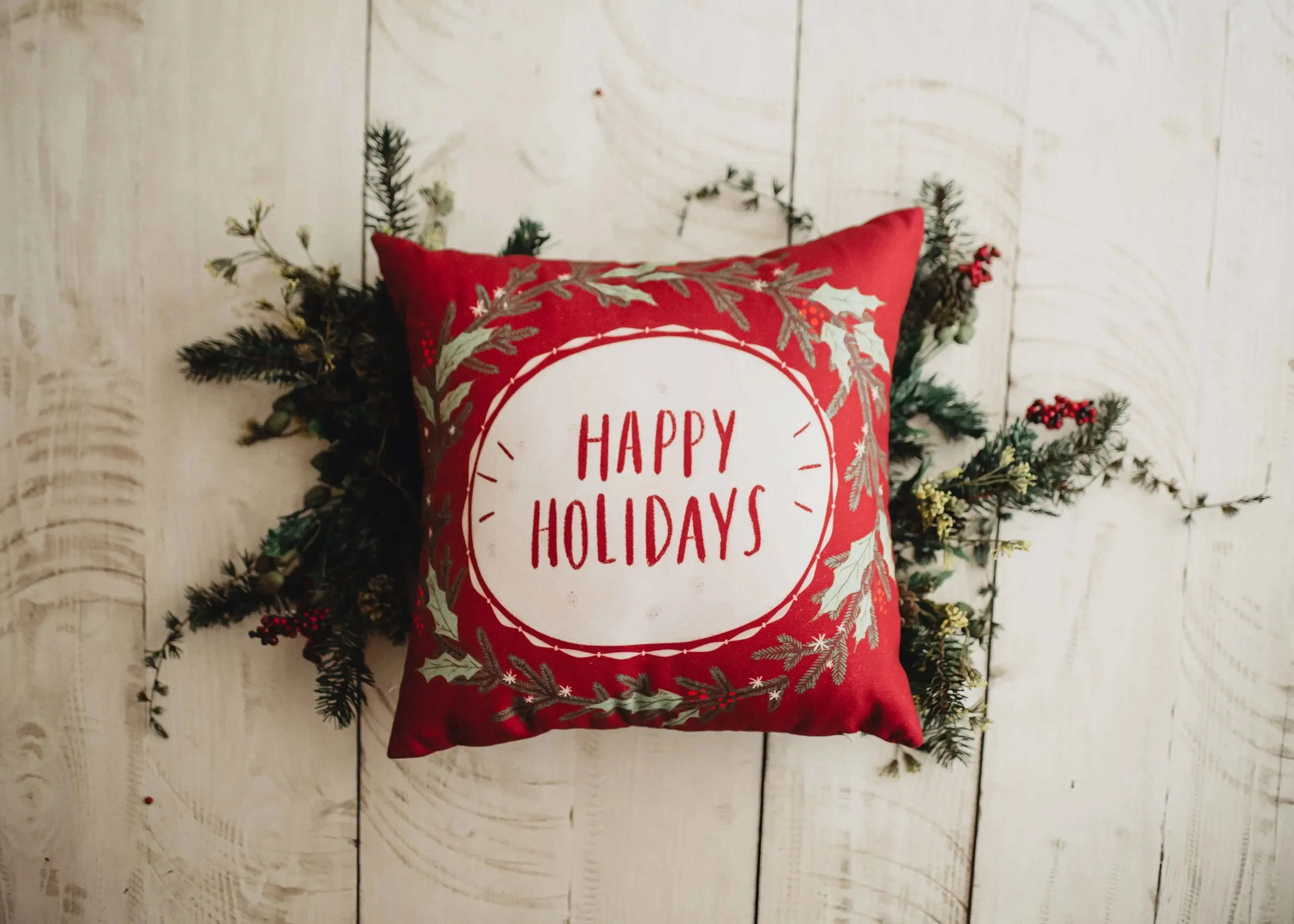 Red Happy Holiday Wreath Throw Pillow Cover | Rustic Christmas Decor | Christmas Gift | Home Decor Christmas | Decorative Pillows for Couch