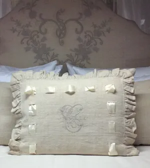 Ruffled Antique Hand-loomed Linen Sham with "C" Monogram