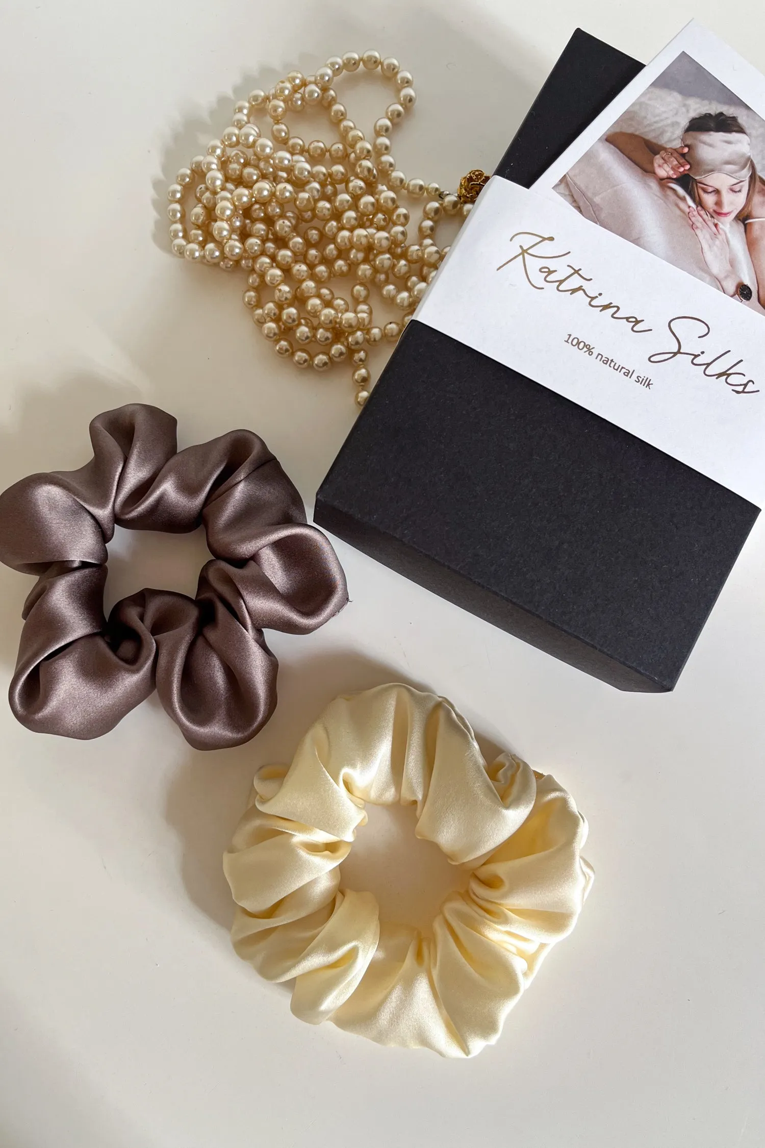 Set of 2 L size natural silk scrunchies - Delicious Mocha & French Champagne