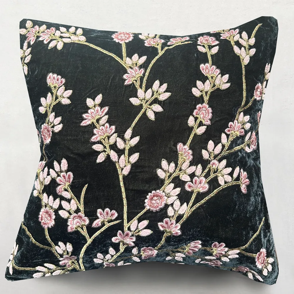 Tuileries Embroidered Silk Velvet Cushion in Nightshade