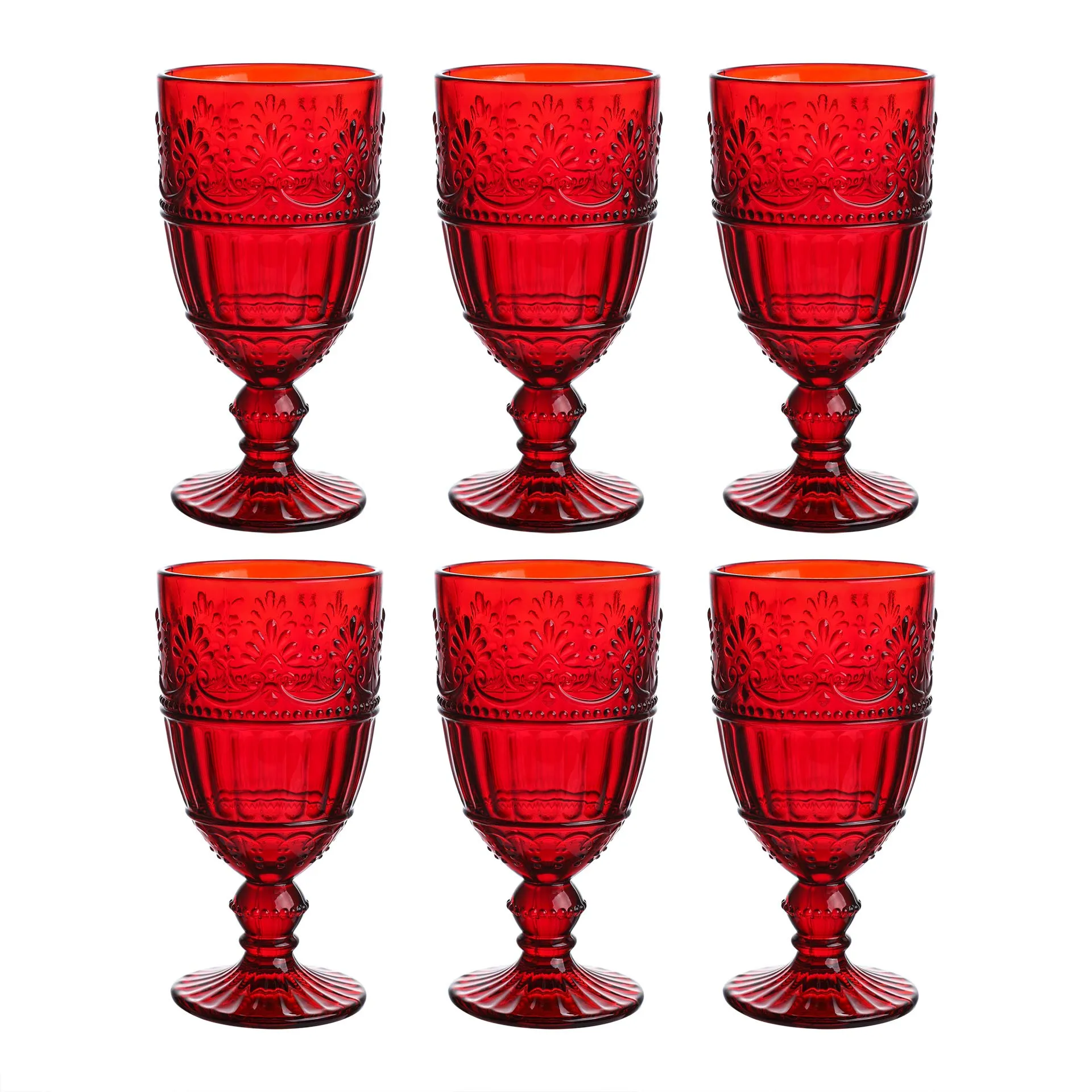 WHOLE HOUSEWARES | Colored Glass Goblet | Set of 6 Drinking Glasses | 11.5 oz Embossed