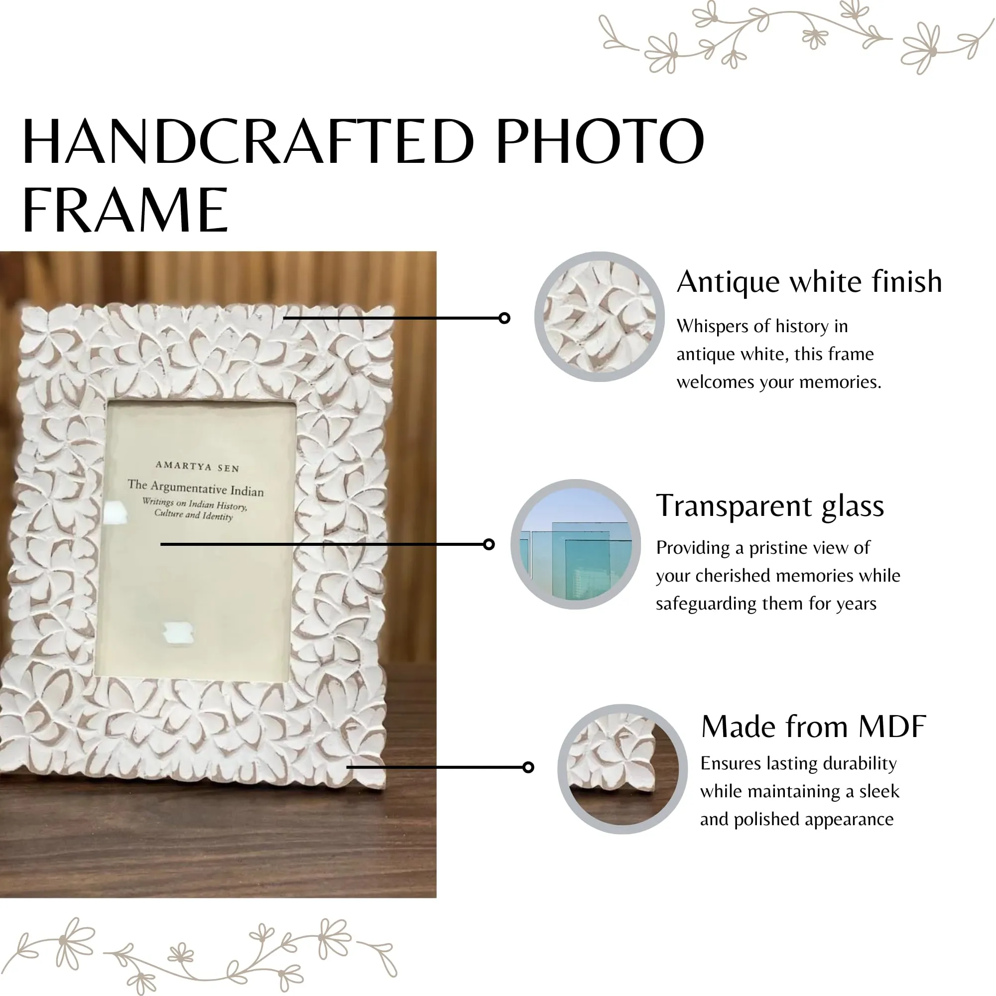 ZAARIYA Photo Frame 6.5 x 4.5 Inches | With Wall Mount and Stand | Picture Display for Wall Hanging, Shelf, Mantle, Gifting & Home Decor - Antique White Finish